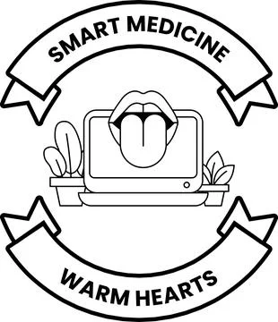 Black-and-white logo features a stylized tongue protruding from a laptop scre Illustrazione stock