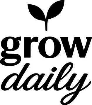 Black and white logo featuring the phrase grow daily with a leaf graphic Stock Illustration