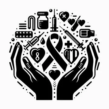 A black and white logo with hands holding a globe, Stock Illustration