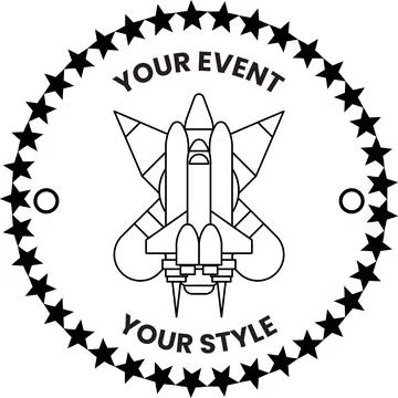 A black and white logo of a rocket with the words "Your Event Your Style" w.. Stock Illustration