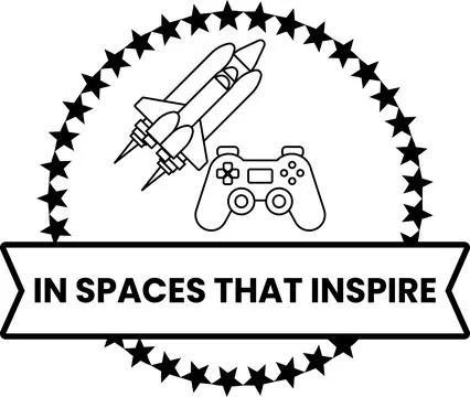 A black and white logo with a rocket and a video game controller Illustrazione stock