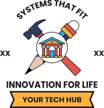 Black-and-white logo shows tools and a building Stock Illustration