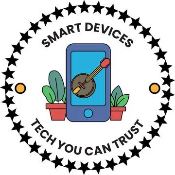 A black and white logo for smart devices that says tech you can trust Stockillustratie