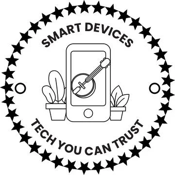 A black and white logo for smart devices that says tech you can trust Stockillustratie