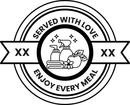 A black and white logo with a white ribbon that says "served with love" Stock Illustration