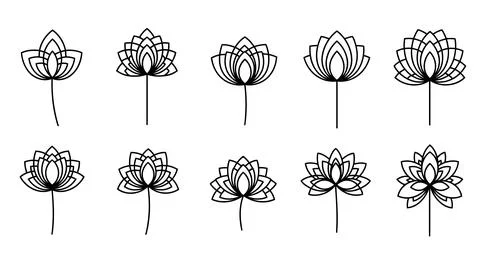 Black and white lotus flower line art illustrations Stock Illustration