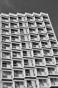 Black and white low angle view on residential apartment block. Stock Photos
