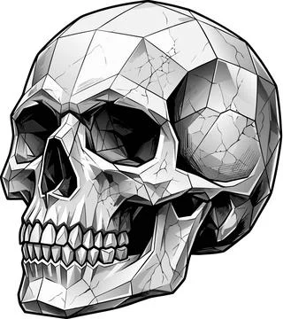 Black and white low poly human skull illustration with sharp geometric lines Stock Illustration