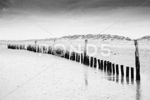Black and white low tide beach landscape Stock Photos