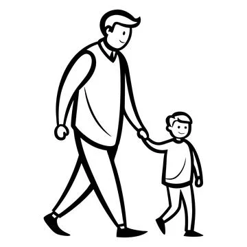 Black and white of a man walking with a child holding hands Stock Illustration