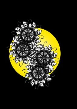 Black and white mandala cluster on yellow circle Stock Illustration