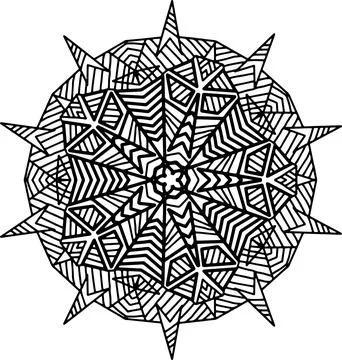 A black and white mandala snowflake with intricate spiral patterns Stock Illustration