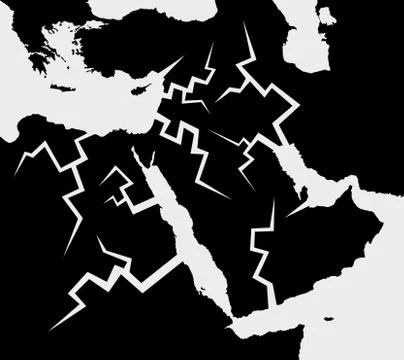 Black and white map of Middle east with cracks - conflict, crisis and tension Stock Illustration