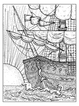 Black and white marine illustration with old sailing ship or sailboat and ris Stock Illustration