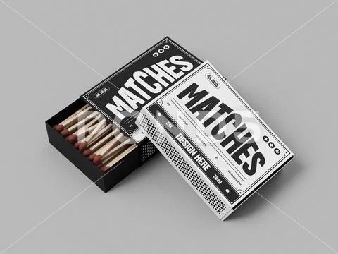 Black and White Matchbox Packaging Mockup on Gray Background PSD Template