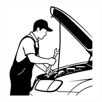 Black and white of a mechanic working on a car wrench hood engine Illustrazione stock