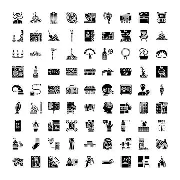 Black and white miscellaneous object glyph icons set 库存插图