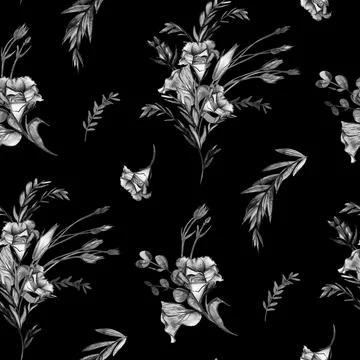Black and white monochrome pattern with eustoma flowers drawn with a graphic Stock Illustration
