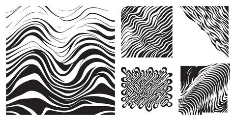 Black and white monochrome pattern set featuring wavy liquid lines and organic d 스톡 일러스트
