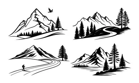 Black and white mountain landscape with trees and winding roads Stock Illustration