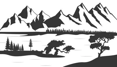Black and white mountain with pine trees and lake. Mountain silhouette with pine Stock Illustration
