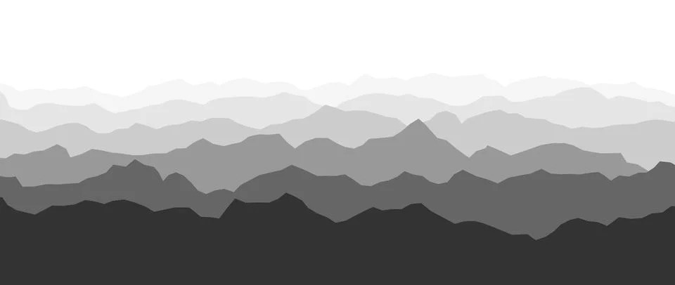 Black and white mountain range silhouettes. Gray panoramic landscape view Stock Illustration