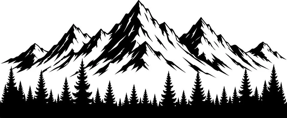 Black and white mountain range silhouette with pine forest trees below Stock Illustration