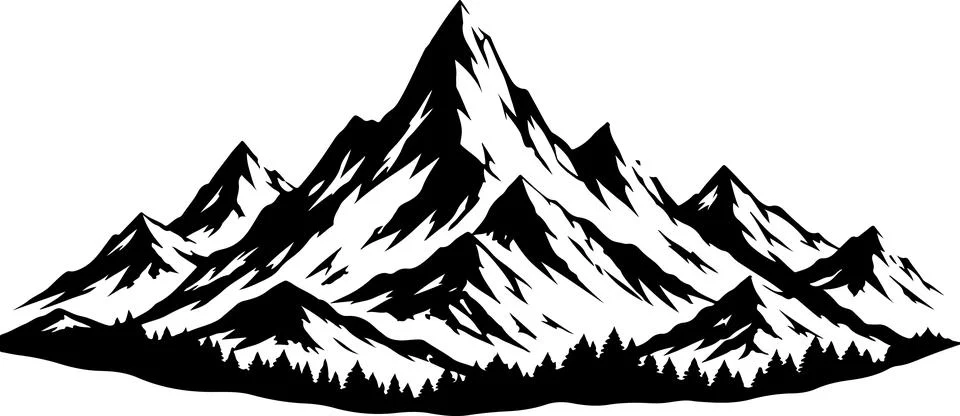 Black and white mountain range drawing with pine forest silhouette Stock Illustration