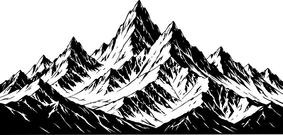 Black and white mountain range drawing with rocky peaks and steep slopes Stock-Illustration