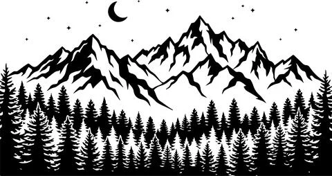 Black and white mountain range landscape illustration with pine forest tree.. Stock Illustration