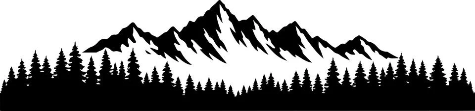Black and white mountain range silhouette with a forest of pine trees in th.. Stock Illustration
