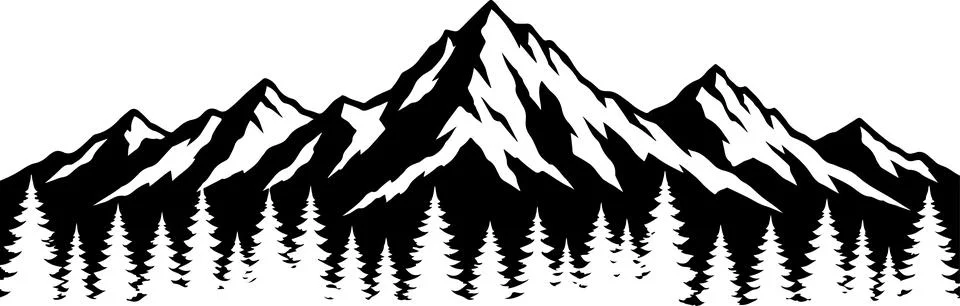 Black and white mountain range silhouette with a forest of pine trees in th.. Stock Illustration