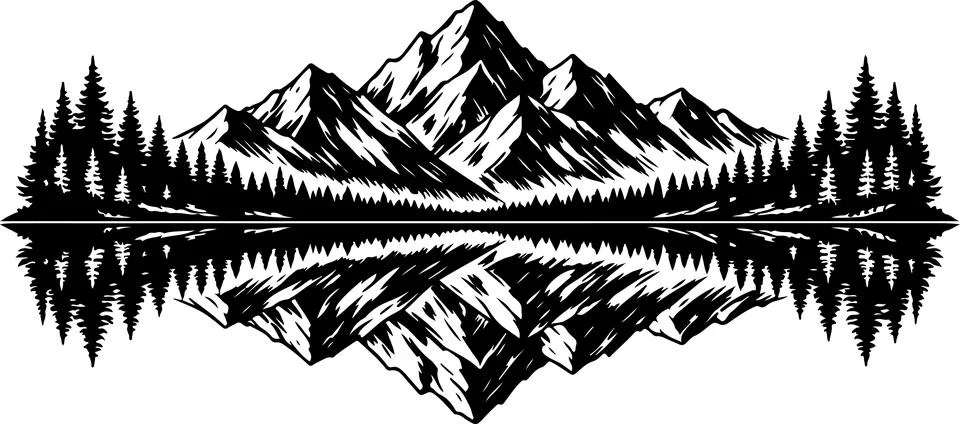 Black and white mountain range with pine forest reflection in calm water Stock Illustration
