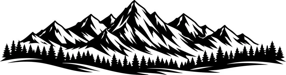 Black and white mountain range silhouette with pine forest trees landscape .. Stock Illustration