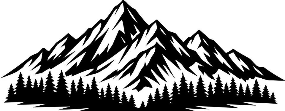 Black and white mountain range silhouette with pine tree forest landscape d.. Stock Illustration