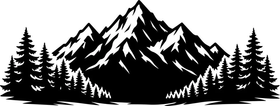 Black and white mountain range silhouette with evergreen pine forest trees Stock Illustration