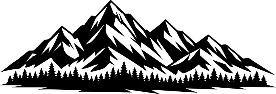 Black and white mountain range with pine forest silhouette icon Stock Illustration