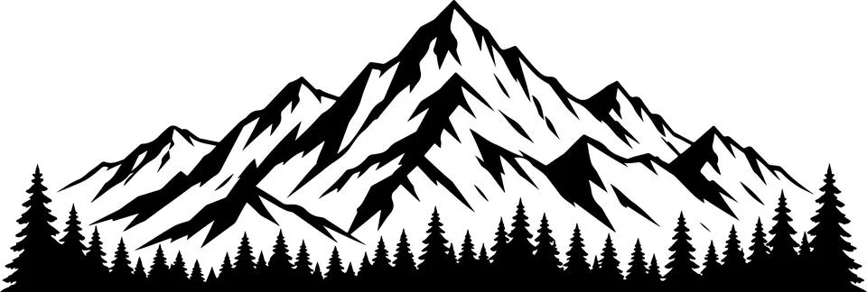 Black and white mountain range silhouette with pine trees forest landscape .. Stock Illustration