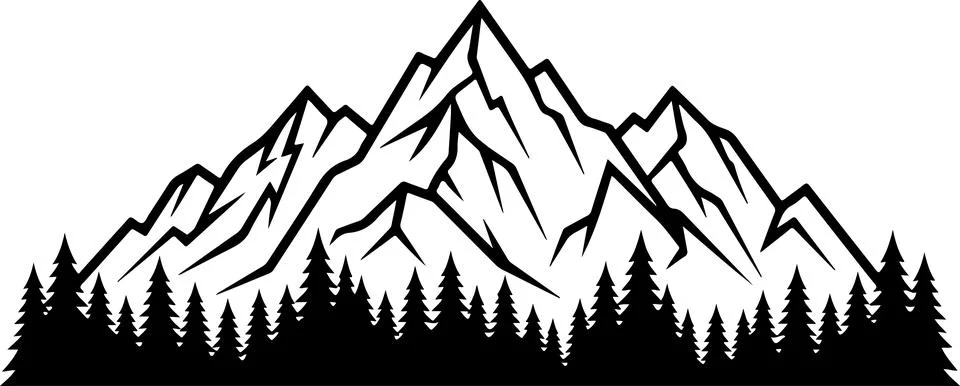 Black and white mountain range silhouette with pine forest trees Stock Illustration