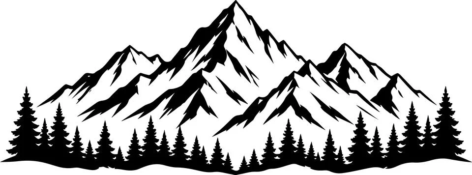 Black and white mountain range with pine forest silhouette illustration Stock Illustration