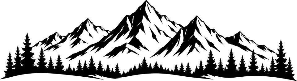 Black and white mountain range silhouette with pine forest trees landscape Stock Illustration