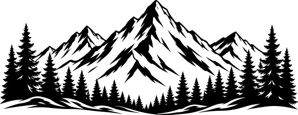 Black and white mountain range landscape with pine tree forest silhouette i.. Stock Illustration