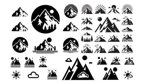 Black and white mountain vector icon set with sun and clouds for outdoor Stock Illustration