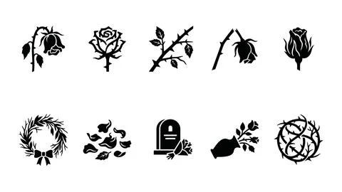 Black and white mourning rose death symbols vector set, useful for gothic a.. Stock Illustration