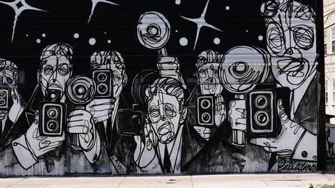 Black and White Mural in a Big City Stock Footage 79502553