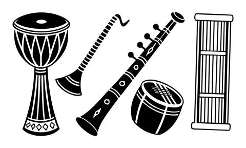 Black and white of musical instruments including a djembe a horn a panpipe. Stock Illustration