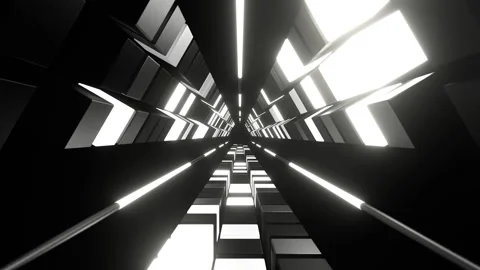 Black and White Neons in Triangular Tunnel of Squares Background VJ Loop Stock Footage 344577455