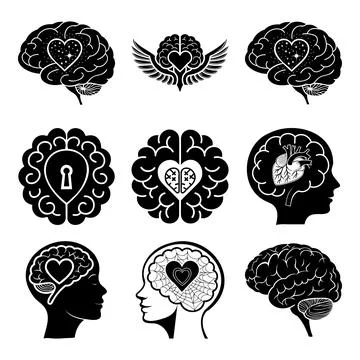 Black and white of nine different brain scans and m r i from various angles.. Stock Illustration