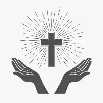 Black and White Open Hands with Cross and Divine Light, Symbol of Faith and 스톡 일러스트