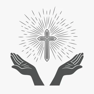 Black and White Open Hands with Cross and Divine Light, Symbol of Faith and 스톡 일러스트